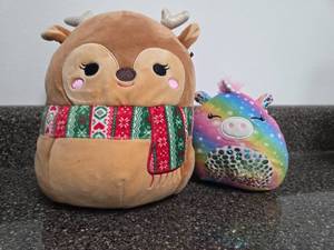 lot 160 image: Claires Plush Reindeer and Squishmallow Rainbow Unicorn