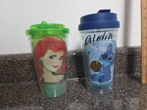 lot 173 image: Disney Character Reusable Tumbler Cup Set 2 Count Green Blue