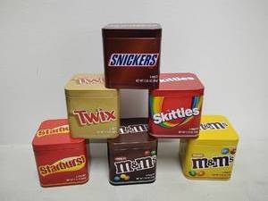 lot 43 image: Mars Candy Tin Lot Twix, Snickers, M&Ms Peanut Skittles 5 Tins