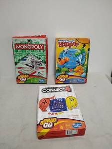 lot 96 image: Hasbro Gaming 3-Game Lot Monopoly Hungry Hungry Hippos Connect 4 Grab & Go