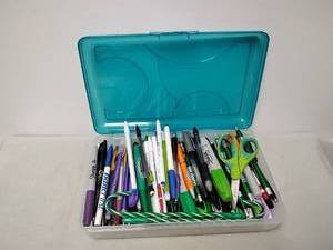 lot 160 image: Art Supply Organizer with Markers Pens Scissors and Accessories