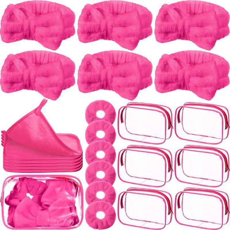 lot 1103 image: Mimorou 24 Pieces Sleepover Party Supplies Spa Party Favors 6 Spa Headband 6 Velvet Scrunchies 6 Makeup Remover Cloth 6 Clear Cosmetic Bags for Slumber Gift(Rose Red) - Retail $26
