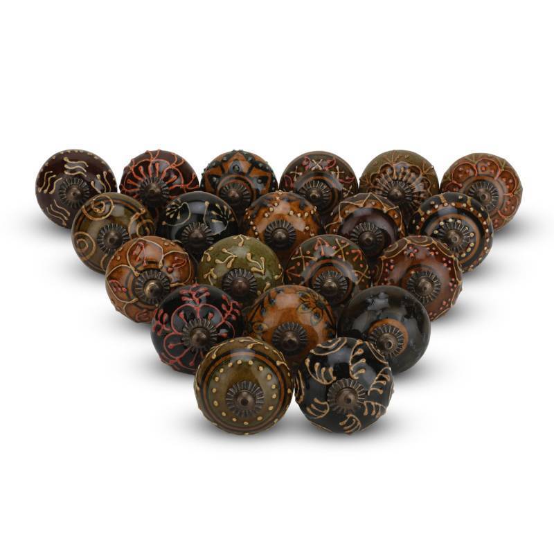 lot 1110 image: FURNISHFUL FINESSE Dresser Knobs for Cabinets and Drawers Assorted, Dusty Ceramic Knob & Pull Handle for Kitchen Brown Cupboard Wardrobe Decorative Furniture Knobs - Pack of 6 (Dark Brown) - Retail $14