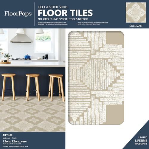 lot 1086 image: FloorPops Sullivan Peel & Stick Floor Tiles, Cream - Retail $16