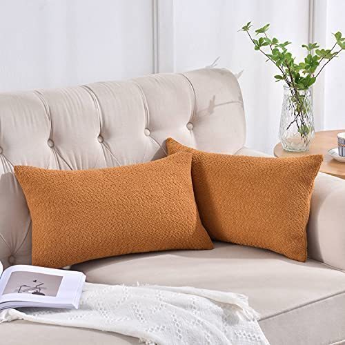 lot 1097 image: Rythome Set of 2 Cozy Boucle-Like Textured Throw Pillow Covers, Decorative Elegant Lumbar Pillow Cases for Couch Bed and Living Room - 12x20, Ochre Retail $18.73