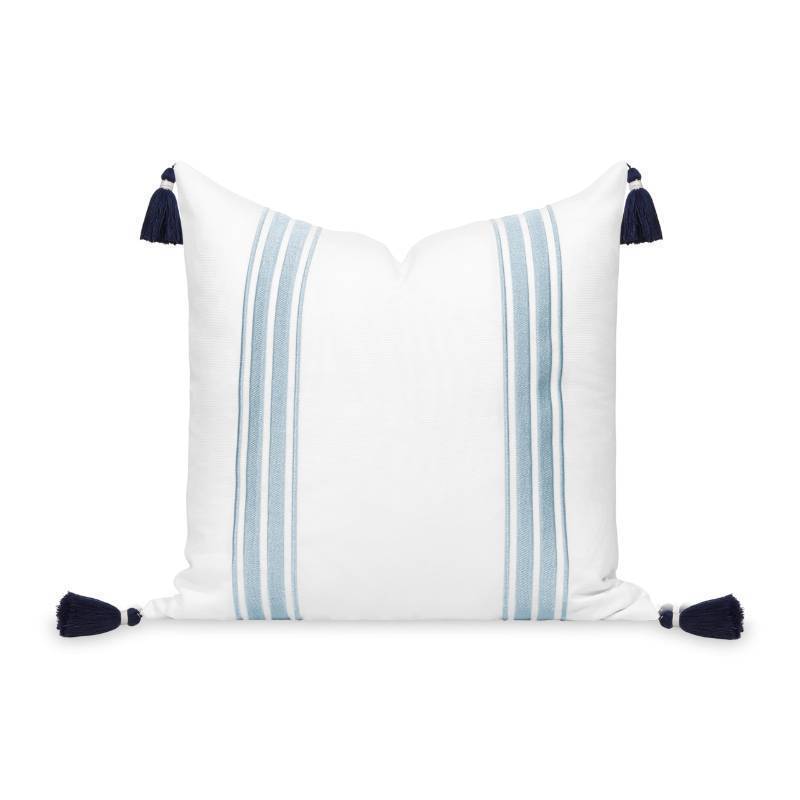 lot 1100 image: Pillowcase Pillow sham White with blue stripes and navy corner tassels (1 Pack) Retail $13.99
