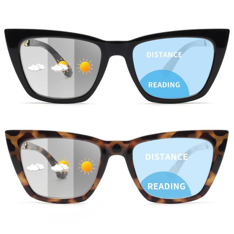 lot 1093 image: JM 2 Pack Photochromic Bifocal Reading Sunglasses for Women, Cat Eye Blue Light Glasses, Black &amp Tortoise 3.0 Retail $19.99