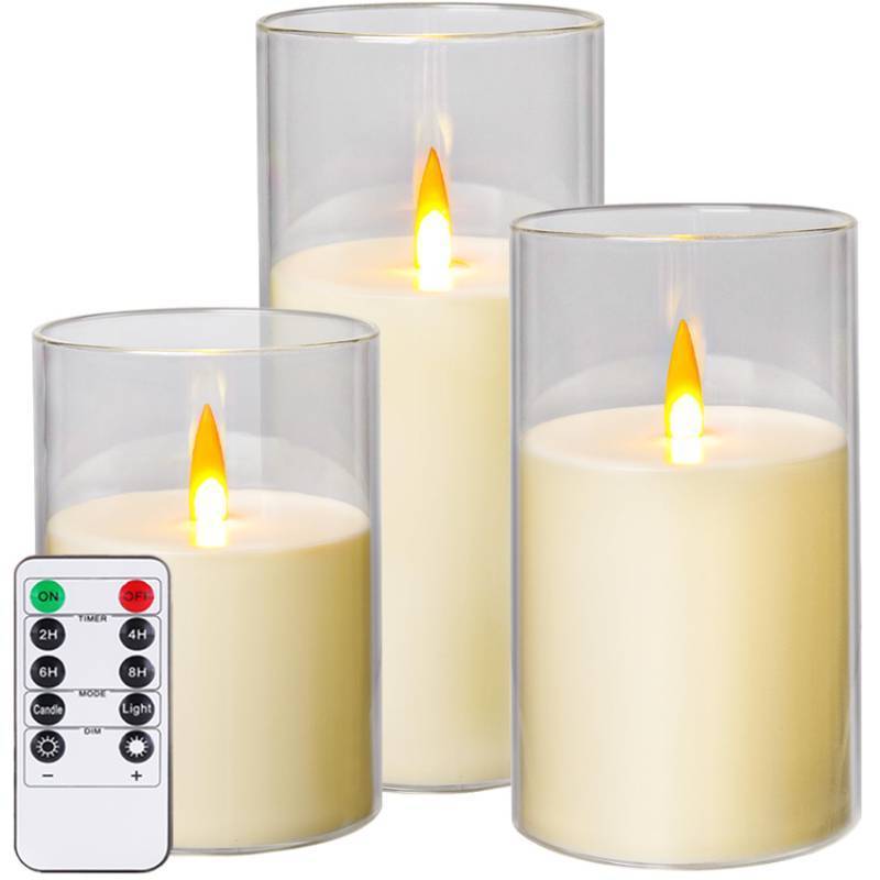 lot 1071 image: Kiexung Flameless Candles, LED Candles with Remote Control and Timer, New True Analog 3D Wick Battery-Powered Acrylic Pillar Candle for Romantic Ambience and Home D�cor, 3 Piece Set (Ivory) - Retail $15