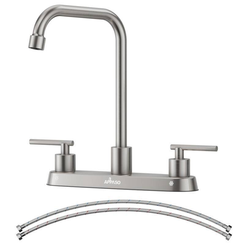 lot 1009 image: APPASO 2 Handle Kitchen Faucet, Brushed Nickel Kitchen Sink Faucet, Stainless Steel Faucet for Kitchen Sink, 3 Hole Kitchen Faucet Without Side Sprayer - Retail $40