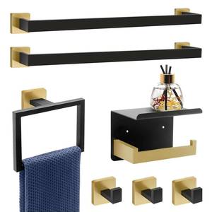 lot 67 image: Dorudon Atrox 7-Piece Bathroom Set - Black & Gold Accessories Set - Square Towel Bar 2x23, Hand Towel Rack, Toilet Paper Holder, 3x Towel Hook, Bathroom Hardware - Retail $66