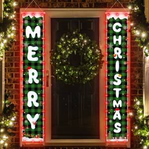 lot 1044 image: Christmas Decorations Banners with String Lights, Snow Pattern Merry Christmas Party Decor, Green Plaid Xmas Hanging Banner for OutdoorIndoor Home Front Door, 600D Fabric Porch Sign - Retail $0