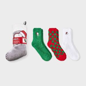 lot 1052 image: Womens 3pk Peanuts Embroidered Cozy Crew Socks in Velvet Stocking - WhiteRedGreen 4-10 - Retail $10