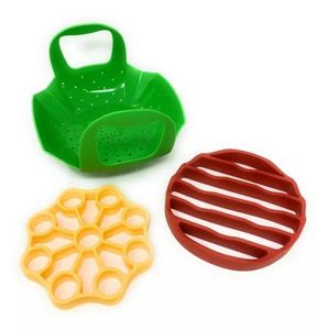 lot 1078 image: OXO Silicone Pressure Cooker Set �� 3 Piece Egg Steamer Basket  Cooking Rack & Rack Handles �� Red  Yellow  Green - Retail $17