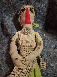 lot 47 image: Handmade Fabric Doll with Red Mouth Green Skirt - Plastic Bag Holder
