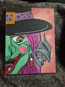 lot 48 image: Hand-Painted Canvas Art Witch Character with Bat 9 x 12 inches