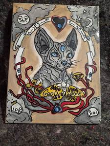 lot 50 image: Hand-Painted Canvas Art Cat Butterfly Heart Moon Celestial Design