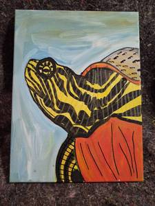 lot 52 image: Hand-Painted Canvas Art Depicting Stylized Turtle 9 x 12