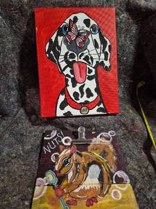 lot 54 image: Hand-Painted Canvas Art Lot 2 Pieces Dog Butterfly Squirrel
