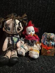 lot 75 image: Lot of 3 Handmade Cloth Dolls with Painted Faces and Accessories