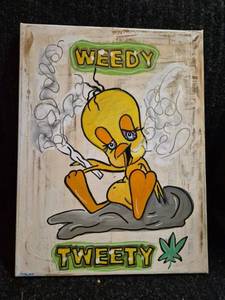 lot 79 image: Weedy Tweety Wall Art Sign Painted Canvas 12 x 16