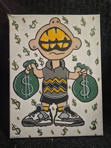lot 84 image: Pop Art Canvas Painting Cartoon Character Money Bags Dollar Signs 12 x 16