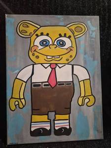 lot 87 image: Hand-Painted Canvas Art Yellow Bear Character with Tie 12 x 16
