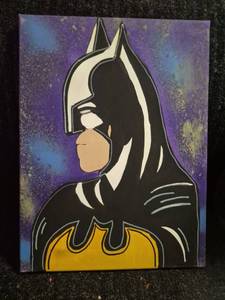 lot 91 image: Batman Pop Art Canvas Painting Purple Blue Yellow 12 x 16