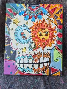lot 96 image: Colorful Skull and Celestial Motif Canvas Painting - 16 x 20