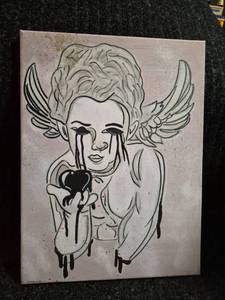 lot 120 image: Painting on Canvas Winged Angel Figure with Bleeding Heart 12 x 16