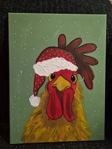 lot 121 image: Rooster Santa Hat Christmas Hand Painted on Canvas 12 x 16