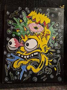 lot 122 image: Hand-Painted Canvas Art Simpsons Character with Donut and Surreal Elements 16 x 20