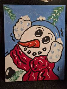 lot 123 image: Hand-Painted Canvas Snowman Character with Red Scarf Blue Background 16 x 20