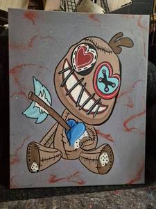 lot 128 image: Hand Painted on Canvas Painting Voodoo Doll Figure with Stitches and Hearts 16 x 20