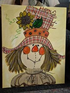 lot 129 image: Hand-Painted Canvas Fall Scarecrow Happy Fall Yall 16 x 20