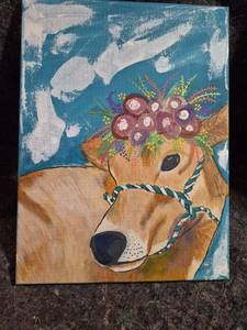 lot 201 image: Hand Painted on Canvas Cow with Floral Crown Wall Art