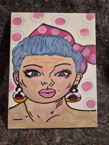 lot 203 image: Pop Art Style Canvas Painting Female Portrait with Blue Hair