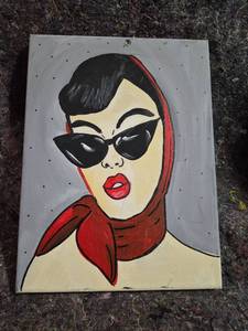 lot 204 image: Hand Painted on Canvas Female Figure in Sunglasses and Red Scarf