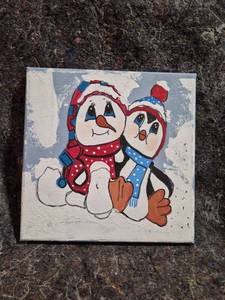 lot 205 image: Snowman and Penguin Canvas Painting 8x8