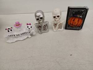 lot 12340 image: Halloween Decor Lot Ghost Trio, 2 Skeletons & Pumpkin Book