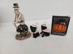 lot 12366 image: Halloween Decor Lot, Skeleton on Pumpkin, Cat, Dog, Happy Halloween Book