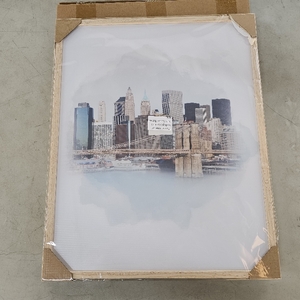 lot 2064 image: iHery 12x16in Natural OAK Wood Framed framed art New York City skyline and the Brooklyn Bridge.