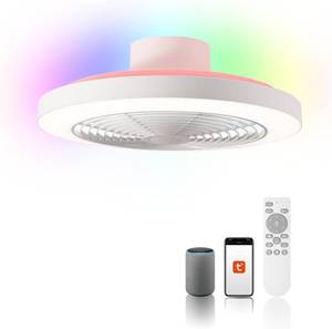 lot 2071 image: $130 Orison Smart Bladeless Low Profile Ceiling Fan with LED-RGB Ambient Lighting Compatible with AlexaGoogle AssistantApp Control, 6-Speed Color Change, Quiet Operation with Remote &App,19.7 (White)