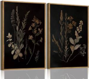 lot 2074 image: YOYIAXT 2 Pieces Dark Botanical Canvas Wall Art Vintage Moody Floral Framed Wall Art Modern Rustic Gothic Dark Academia Aesthetic Flower Art Print Artwork For Bedroom Living room Office, 16x24 in
