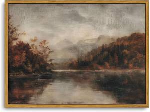 lot 2075 image: KISSFOX Vintage Framed Wall Art Decor Rustic Fall Landscape Pictures Wall Decor Moody Autumn Lake Scenery Canvas Art Prints Modern Farmhouse Paintings Artwork For Bedroom Kitchen Living Room