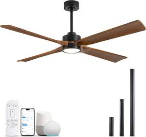 lot 2085 image: 52 Inch Smart Ceiling Fan with Light, 4 Brown Solid Wood Blades, High CFM AlexaAppRemote Control, ETL Listed, Ultra-Quiet Energy Efficient DC Motor, Rustic Farmhouse for Indoor Bedroom Living Room