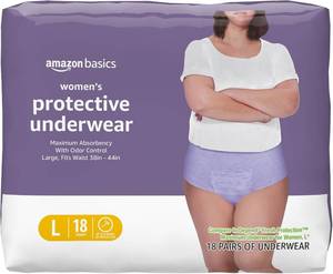lot 2090 image: Amazon Basics Incontinence & Postpartum Underwear for Women with Bladder Leak Protection, Disposable, Maximum Absorbency, Lavender, Large 17 Pack