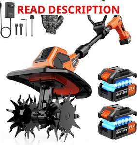 lot 2096 image: $115 400RPM Brushless Cordlees Tiller Cultivator for Gardening, 20V Electric Garden Tiller Battery Powered((2  3.0Ah Battery&Charger), 9.5 Width 7 Depth, Garden Rototiller for YardLawnSoil Tiller