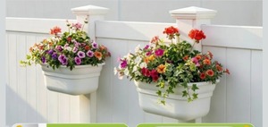 lot 2102 image: Hanging Planters for Outdoor Plants - Fence Plant Hangers Post Planter Hanging Plant Flower Pots for PVC Fence with Post Caps for Outdoor Garden Decor - 2 Pack