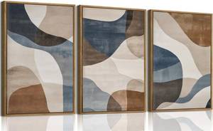 lot 2111 image: KISSFOX 3 Piece Framed Wall Art Abstract Wall Decor Beige Blue Brown Pictures Modern Neutral Canvas Art Large Mid Century Paintings Artwork for Living Room Bedroom Office