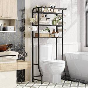 lot 3086 image: Simple Trending Over The Toilet Storage Cabinet, Metal Bathroom Shelf Organizer with Paper Holder and Hooks, 3 Tier, Black